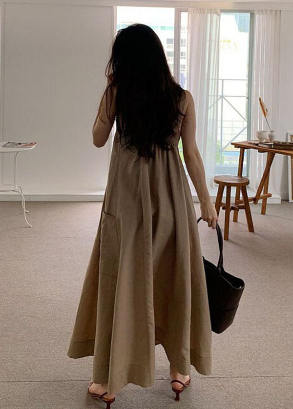 Khaki Pockets Linen Dresses Sleeveless