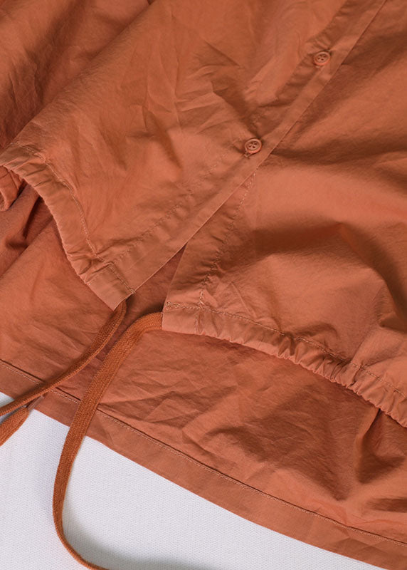 Yellow Peter Pan Collar Drawstring Pocket Cotton Shirt Top Short Sleeve