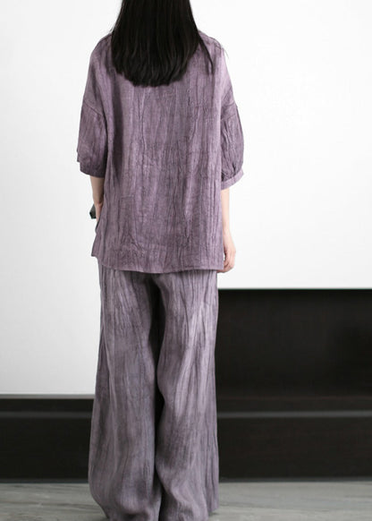 Boutique Purple Grey O-neck Wrinkled Patchwork Linen Two Pieces Set Half Sleeve