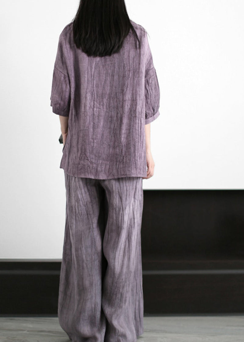 Boutique Purple Grey O-neck Wrinkled Patchwork Linen Two Pieces Set Half Sleeve