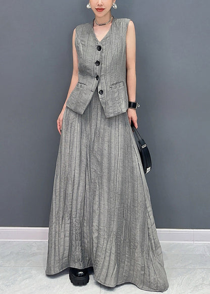 Grey Patchwork Button Top and Maxi Skirts Two Piece Set Summer
