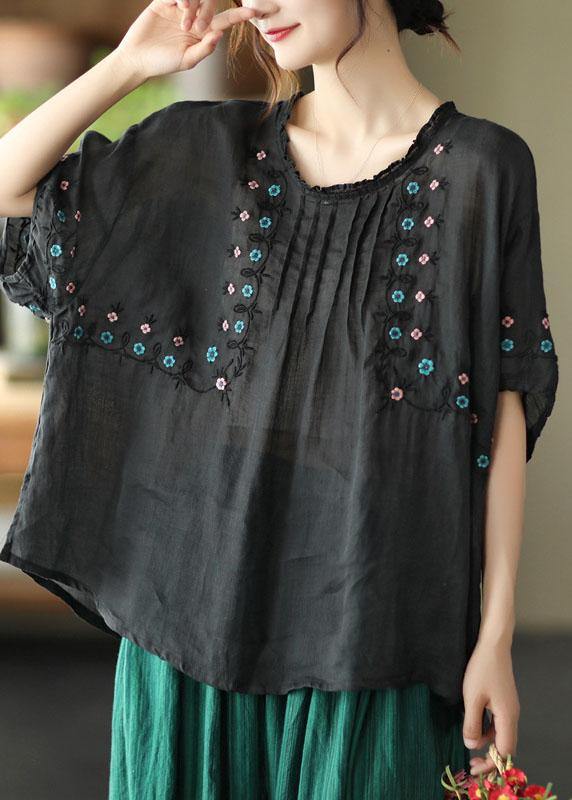 Black O-neck Embroideried Summer Ramie Half Sleeve