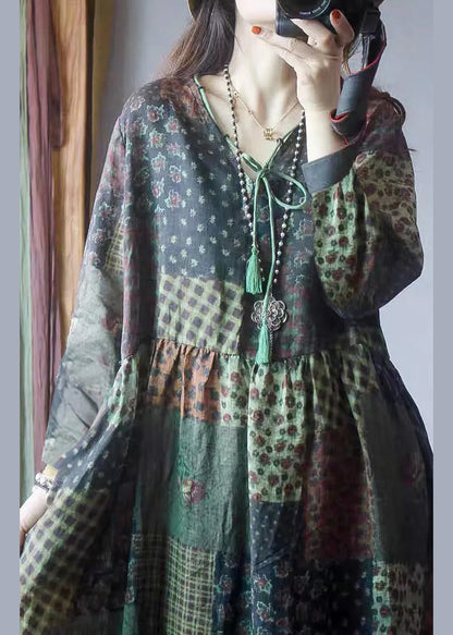 V Neck Wrinkled Patchwork Linen Maxi Dresses Long Sleeve