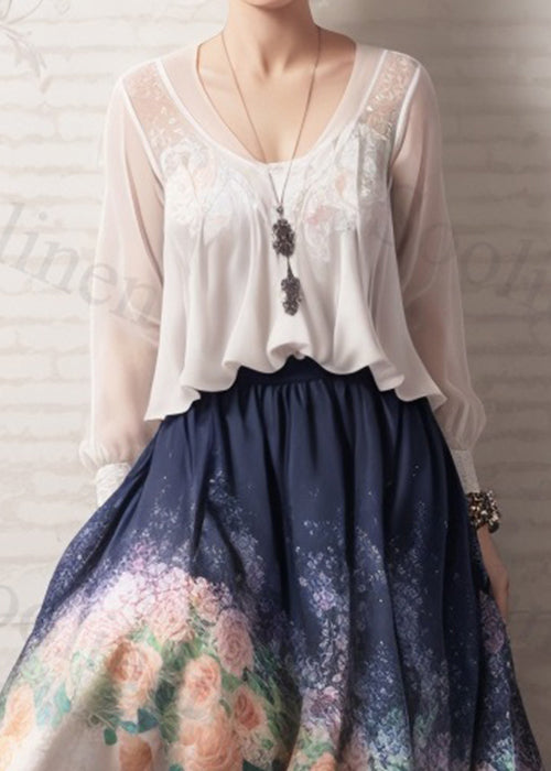 French White V Neck Print Patchwork Silk Maxi Dresses Fall