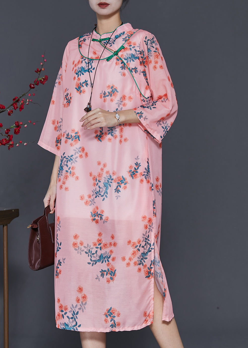 Pink Print Oriental Linen Holiday Dress Summer