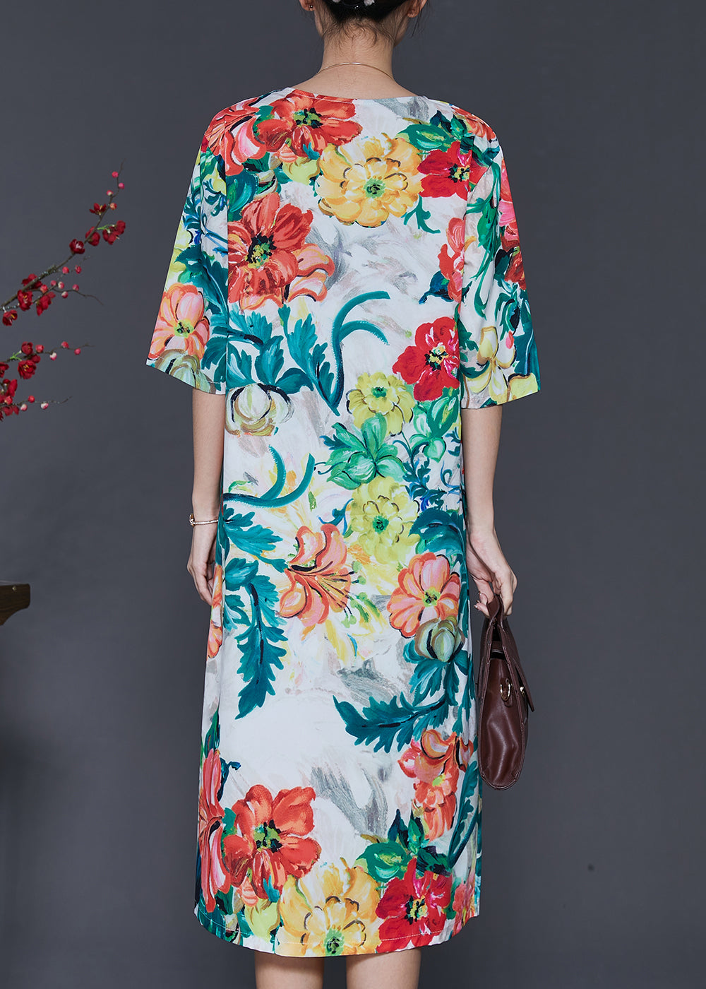 French V Neck Print Silk Dress Half Sleeve