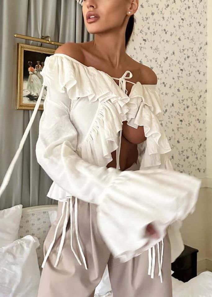 White Ruffles Cotton Shirts Flare Sleeve