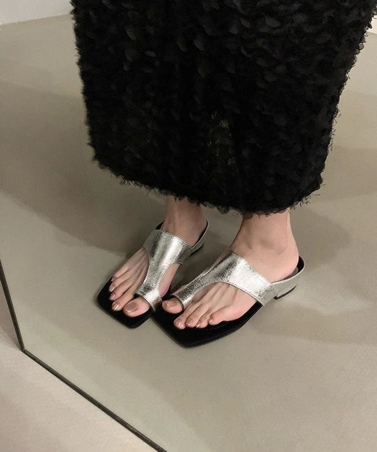 Black Faux Leather Splicing Chunky Thong Sandals