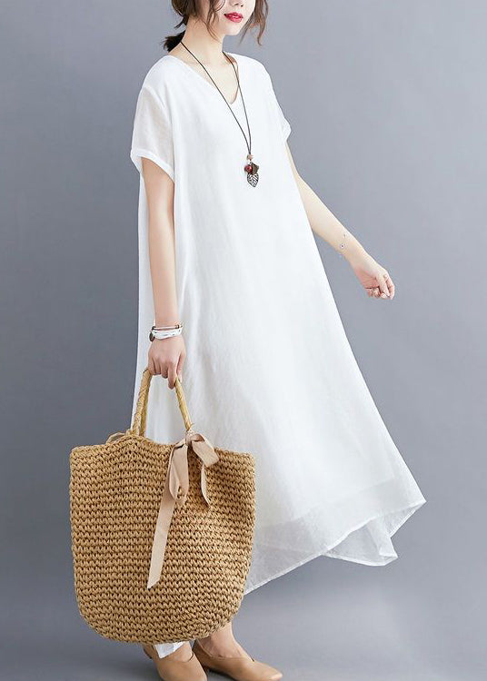 Classy White V Neck Exra Large Hem Cotton a Line Dresses Summer