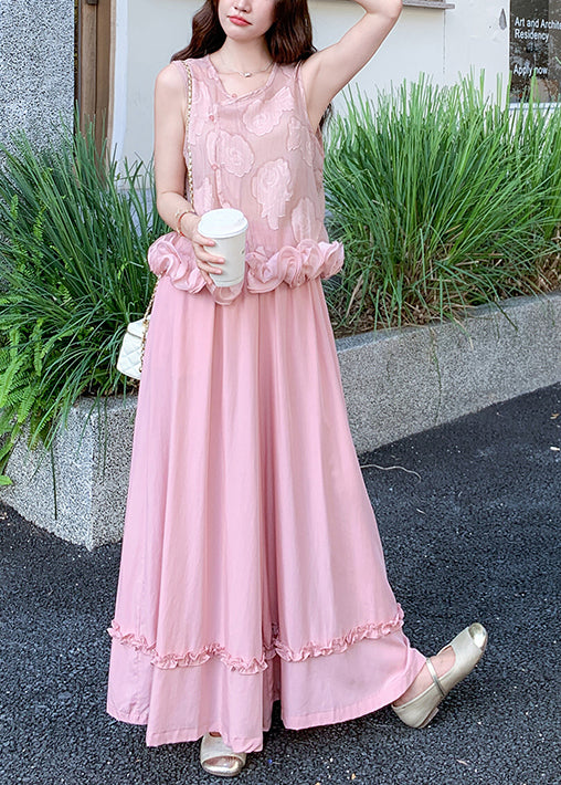 Pink Jacquard Three-dimensional Flower Sets 2 Pieces Sleeveless