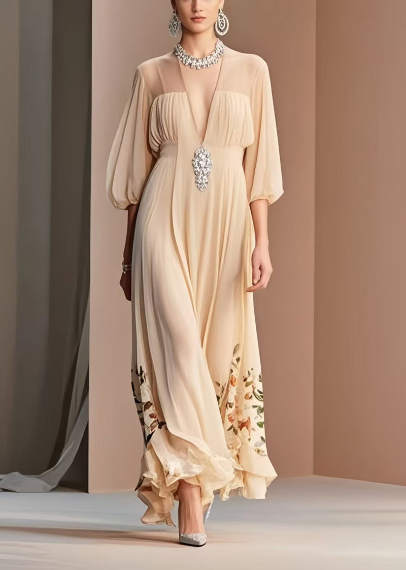 Italian Apricot Print Draping Chiffon Dresses Bracelet Sleeve Summer