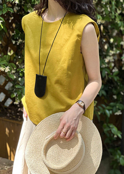 Simple Yellow O Neck Linen Top Sleeveless