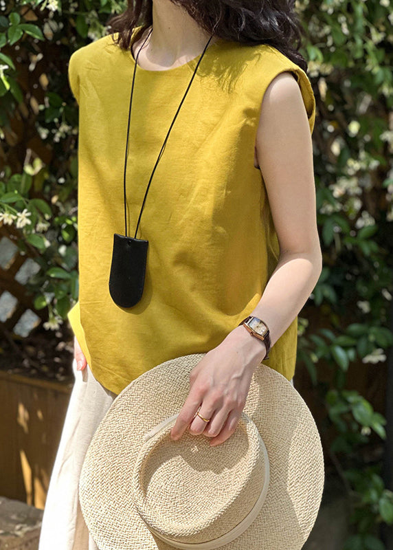 Simple Yellow O Neck Linen Top Sleeveless
