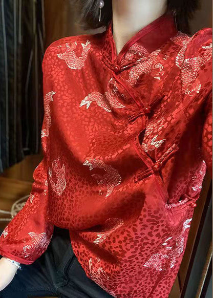 French Red Stand Collar Button Print Chiffon Blouse Tops Spring