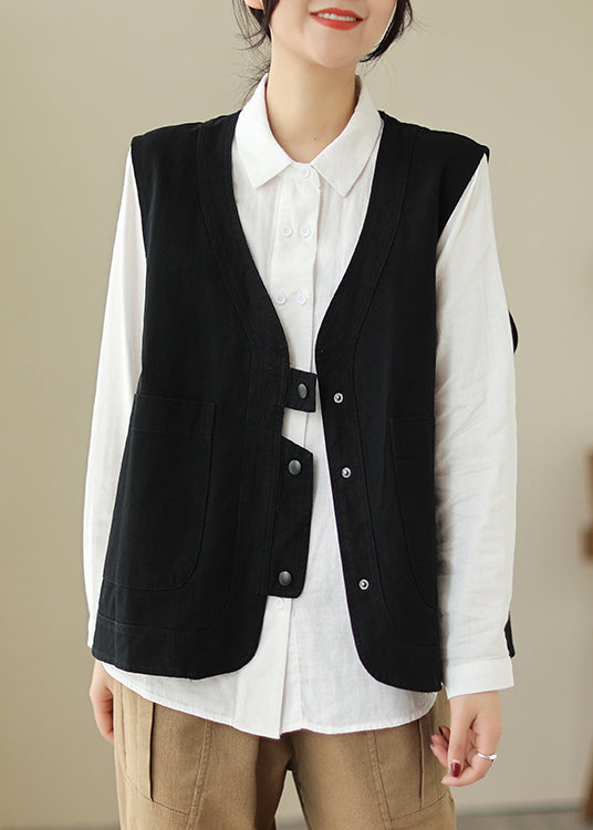 Black V Neck Pockets Patchwork Cotton Vest Spring