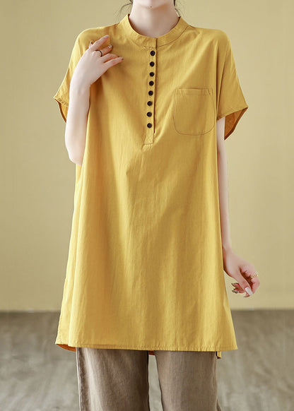 Simple Yellow Button Pockets Cotton T Shirt Short Sleeve