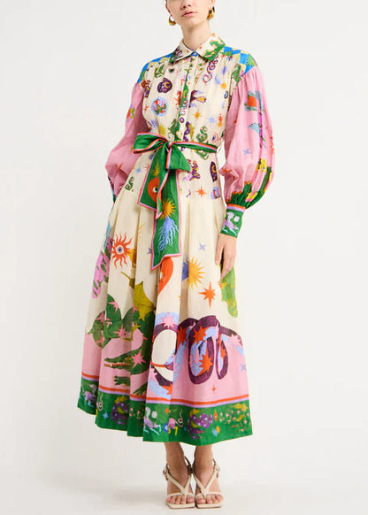 Loose Pink Print Tie Waist Cotton Shirts Dresses Long Sleeve Fall