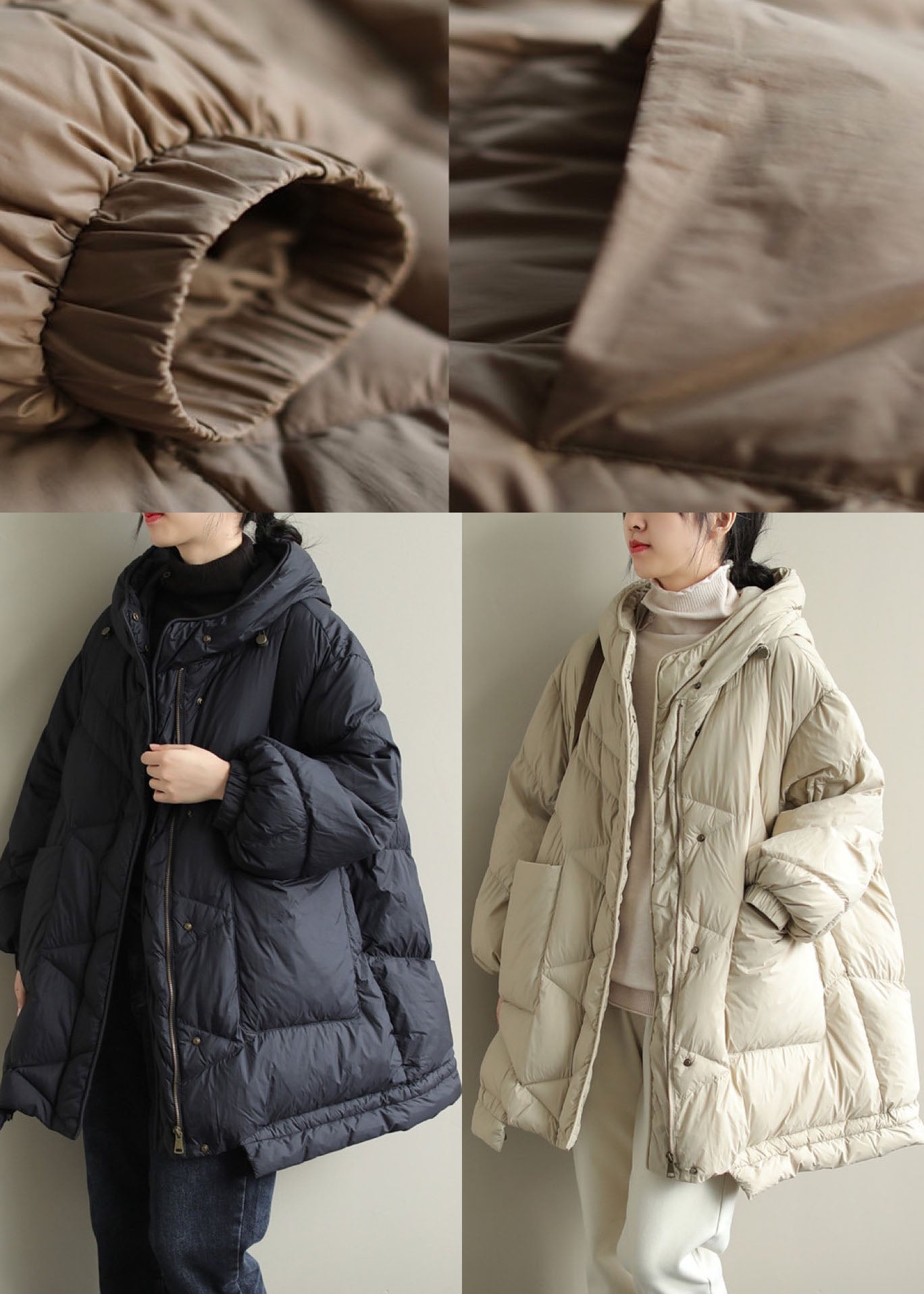Diy Khaki Hooded Pockets Winter Duck Down Coat