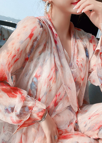 V Neck Print Shirts and Wide Leg Pants Two Pieces Set Long Sleeve
