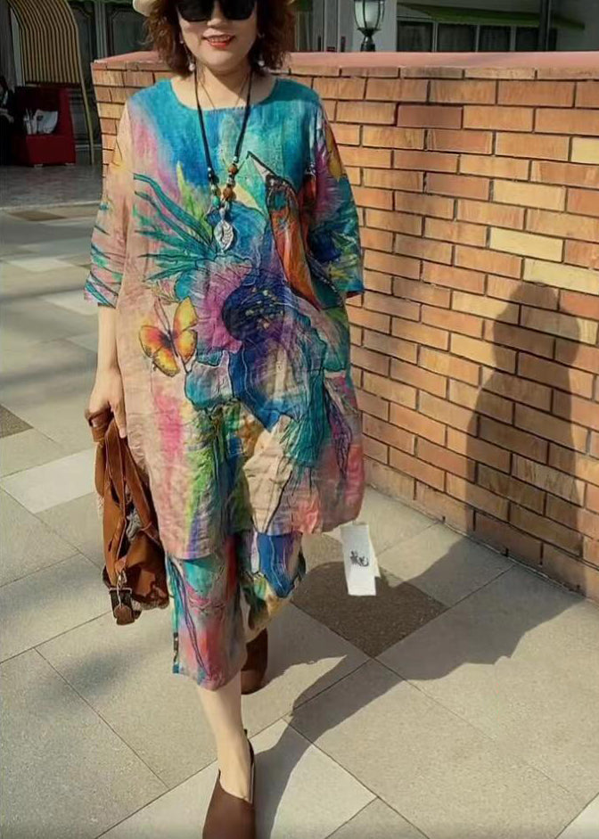 French Blue O-neck Butterfly Print Linen Two Piece Suit Set Half Sleeve