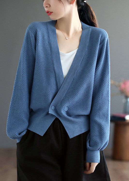 Blue V Neck Button Knit Cardigan Fall