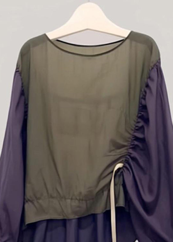 Colorblock Drawstring Patchwork Shirt Lantern Sleeve