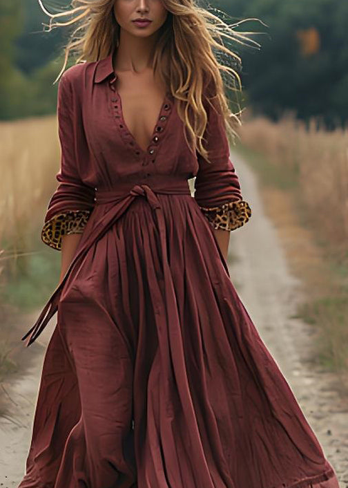 Brick Red Wrinkled Patchwork Cotton Robe Dresses Spring