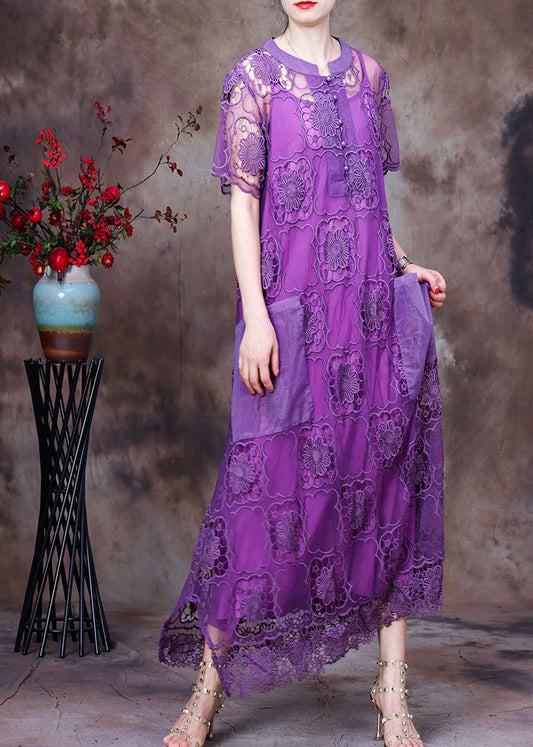 Purple O-neck Big Pockets Hollow Out Lace Dress and Spaghetti Strap Dress Two Piece Set Short Sleeve