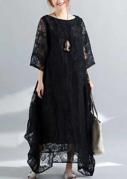 Black O-neck Embroideried Lace Long Dress Bracelet Sleeve