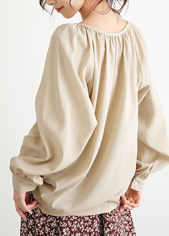 Apricot O Neck Wrinkled Button Cotton Blouse Top Lantern Sleeve