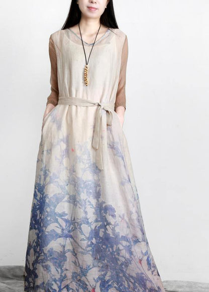 Unique Blue Print Half Sleeve Patchwork Vacation Linen Dresses
