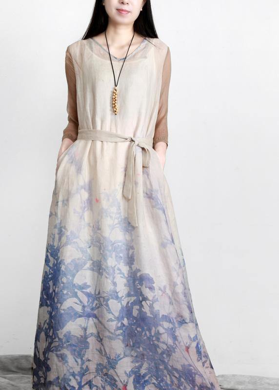 Unique Blue Print Half Sleeve Patchwork Vacation Linen Dresses