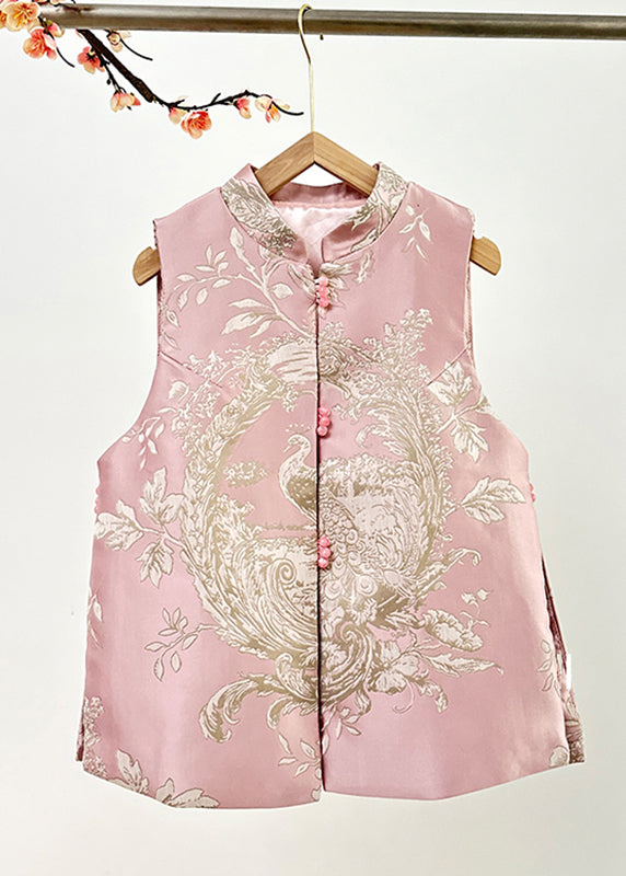 Pink Stand Collar Embroidered Nail Bead Side Open Waistcoat Fall