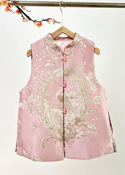 Pink Stand Collar Embroidered Nail Bead Side Open Waistcoat Fall