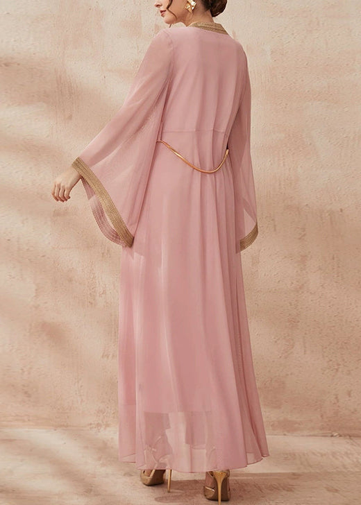 New Pink Tie Waist Chiffon Two Pieces Set Flare Sleeve