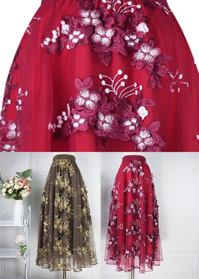 Chocolate Embroideried High Waist Tulle a Line Skirt Spring