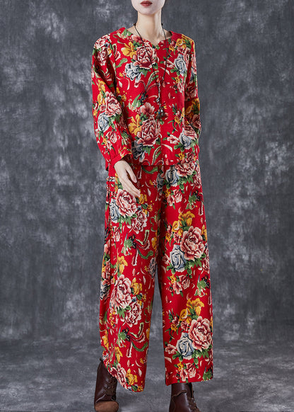 Chinese Style Red Print Oriental Linen Two Piece Set Fall