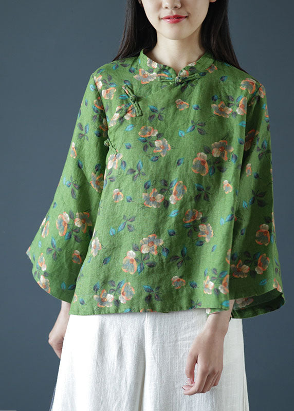 Green Print Mandarin Collar Oriental Button Linen Top Spring