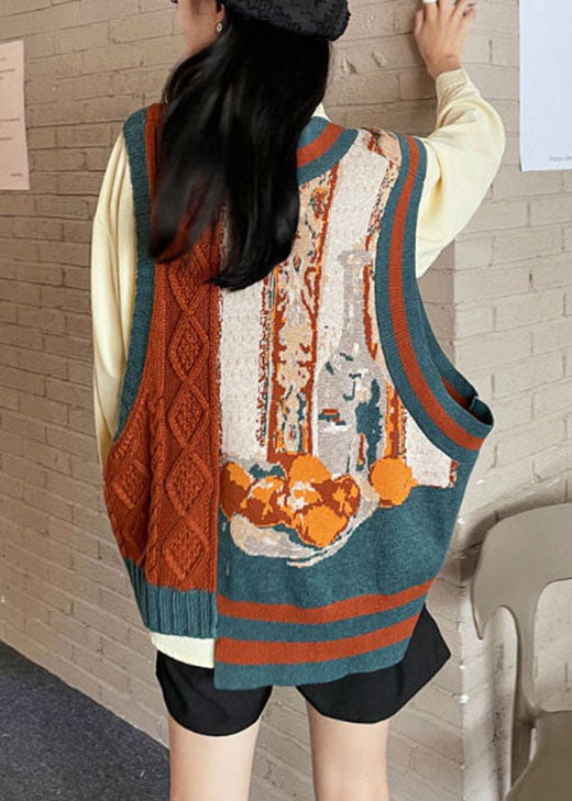 Unique Orange Patchwork Asymmetrical Design Print Fall Knit Vest