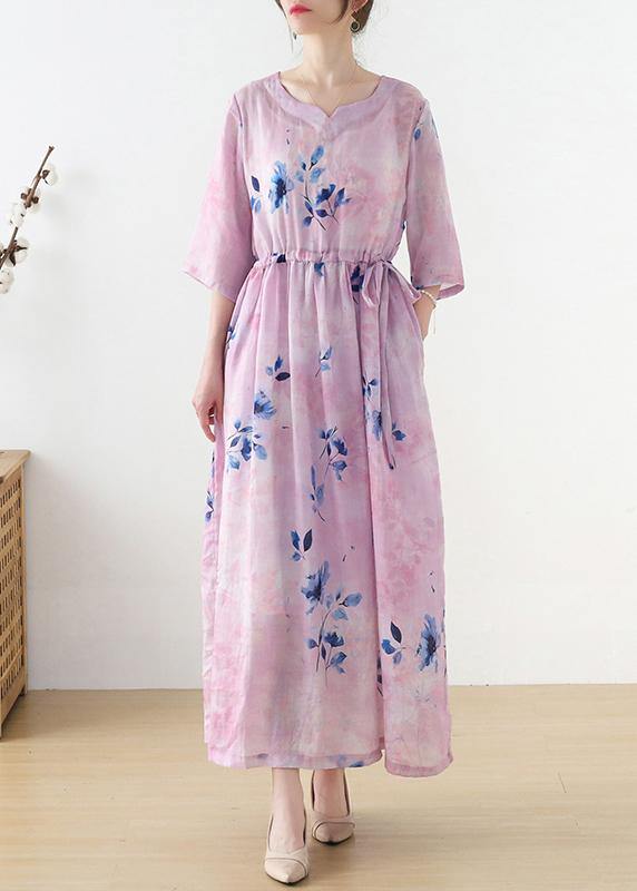 Pink Print Tie Waist Maxi Dresses Summer Ramie