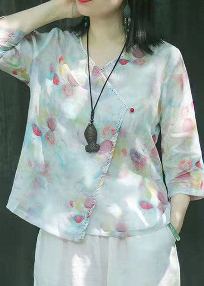 Oriental Light Green Button V Neck Print Tops Spring