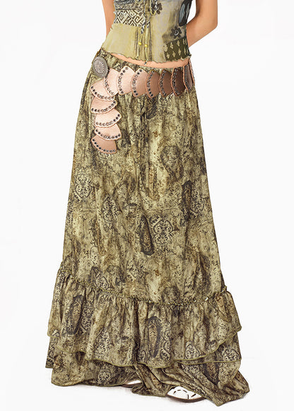 Unique Green Ruffled Print Patchwork a Line Skirts