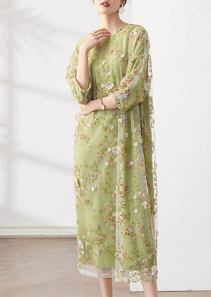 Original Green O-neck Embroideried Patchwork Tulle Dress Fall