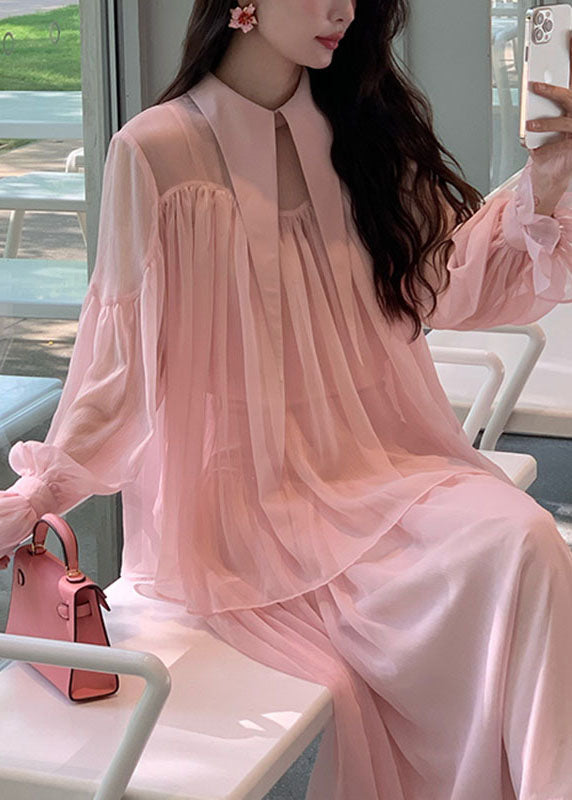 Pink Patchwork Wrinkled Tulle Shirt and Maxi Skirts Two Piece Set Spring