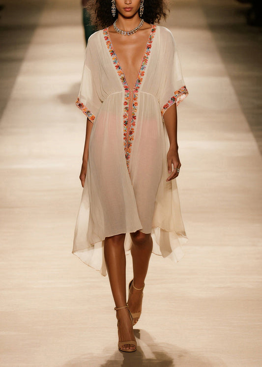 Style Apricot V Neck Cotton Vacation Dresses Summer