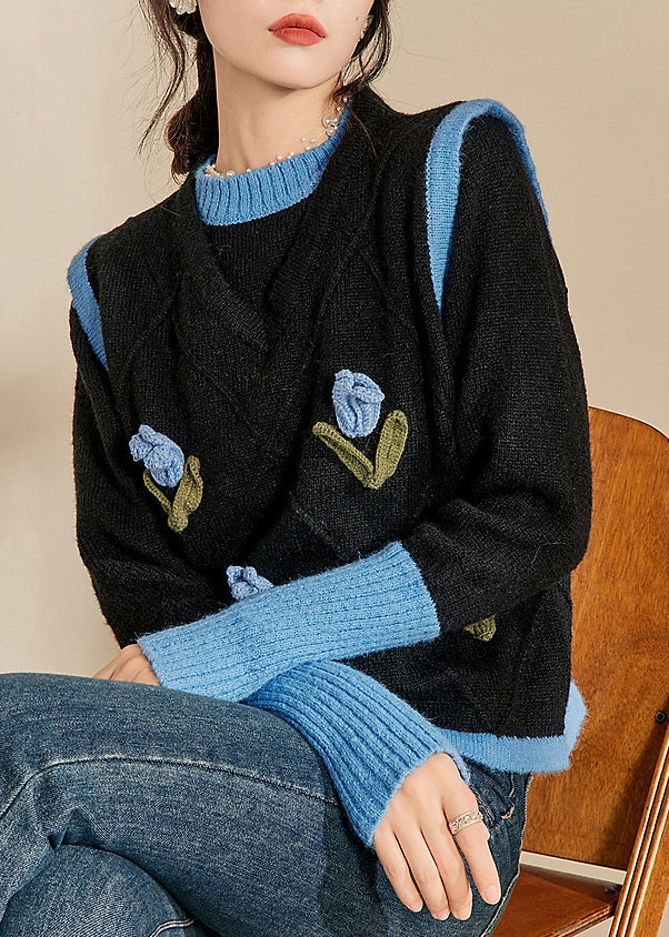 Blue O-neck Patchwork Cotton Knit Sweaters Winter