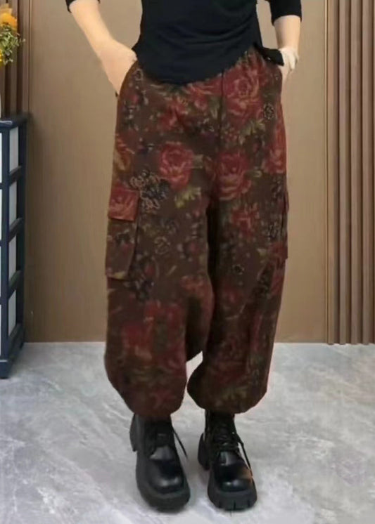Coffee Pockets Print Elastic Waist Cotton Pants Spring