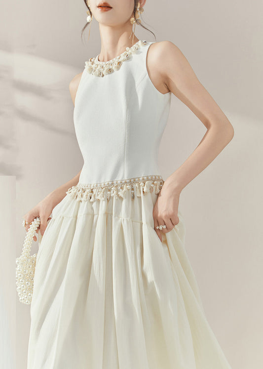 Fine White O-neck Tassel Patchwork Long Dresses Summer