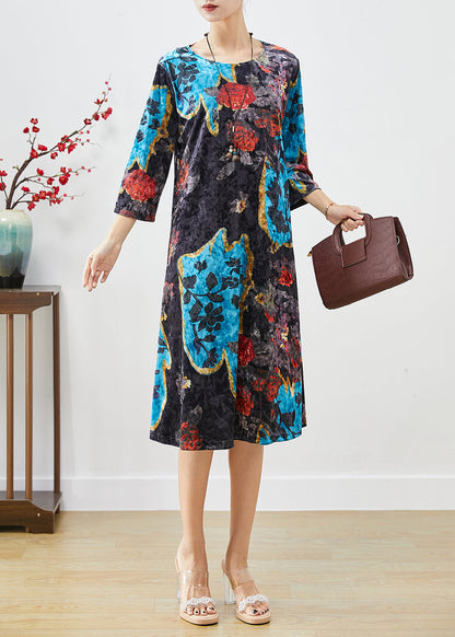 French Black O-neck Print Silk Velour Maxi Dresses Bracelet Sleeve