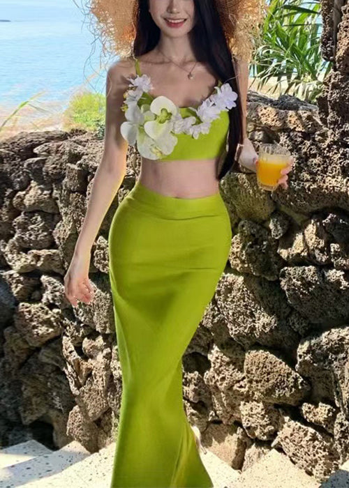 Green Side Open Tank and Skirts Cotton Two-piece Set Sleeveless